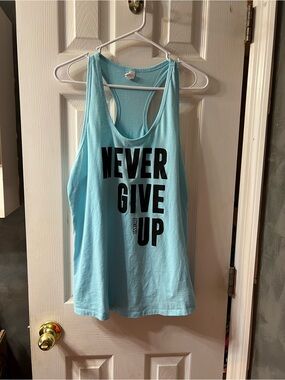 Fitness Tee Co. “Never Give Up” Blue Women's XXL Racerback Athletic Tank Top